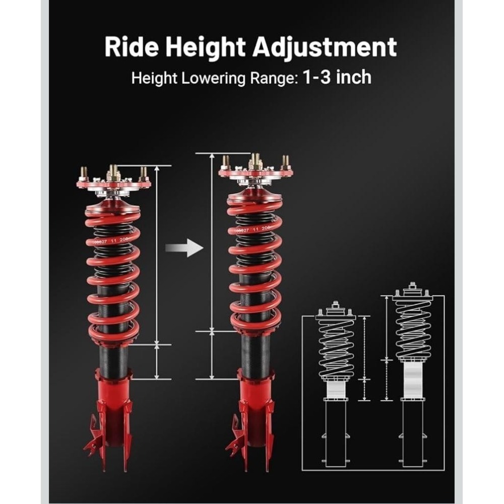 Adjustable Coilover Shock Strut Kit Set 4 Red 1-3in Drop Front Rear Suspension - Picture 2 of 10